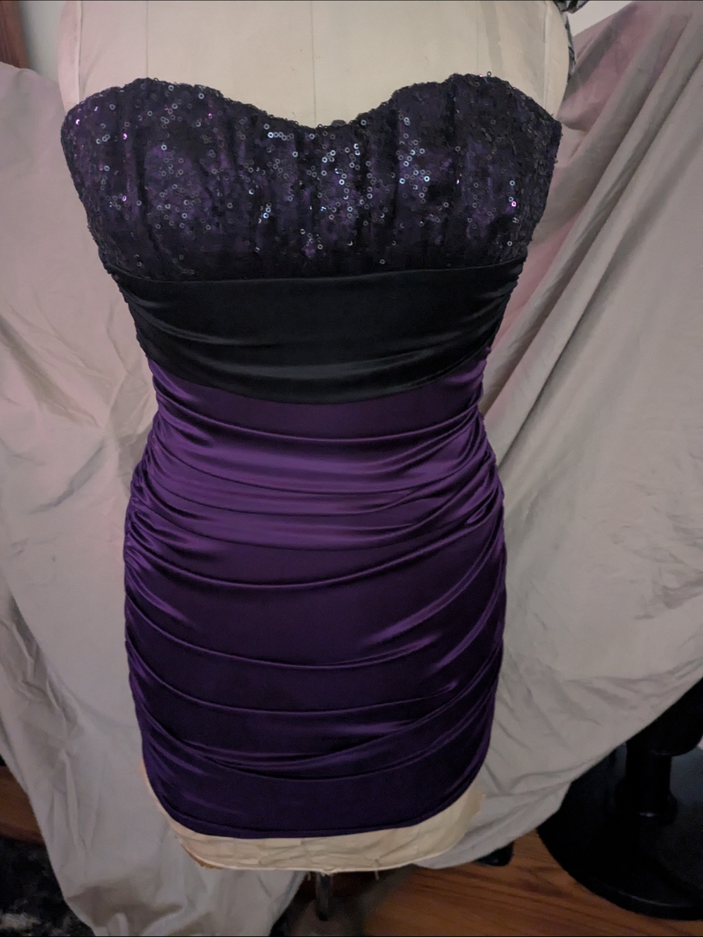 Speechless Purple and Black Strapless Sequin Ruched Dress